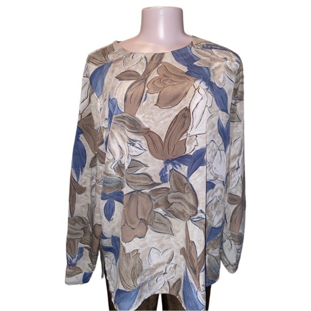 Alfred Dunner 16W Floral Leaf Blouse Blue Taupe Brown Long Sleeve Plus Size